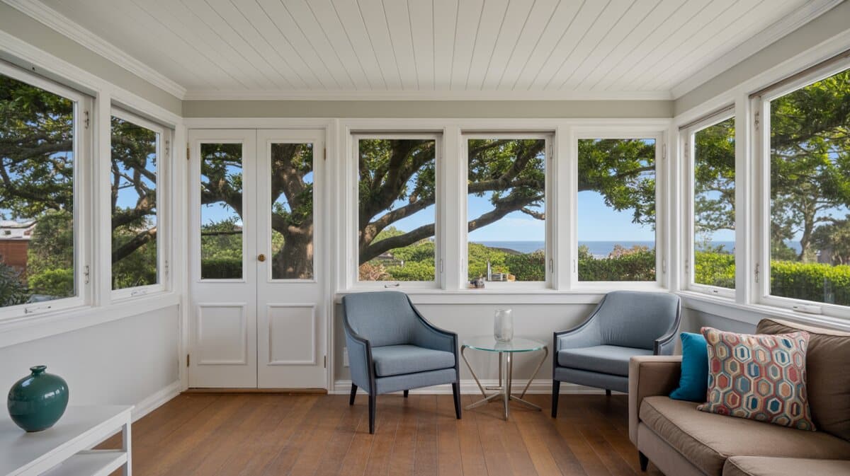 Two grey accent chairs beside French doors with a glimpse of ocean through mature trees