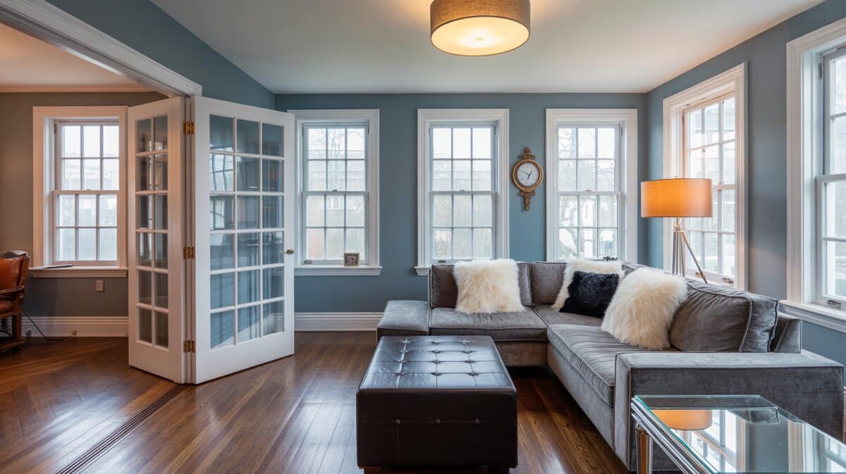 Steel-blue walled sunroom with grey sectional, tufted leather bench, and dark oak floors