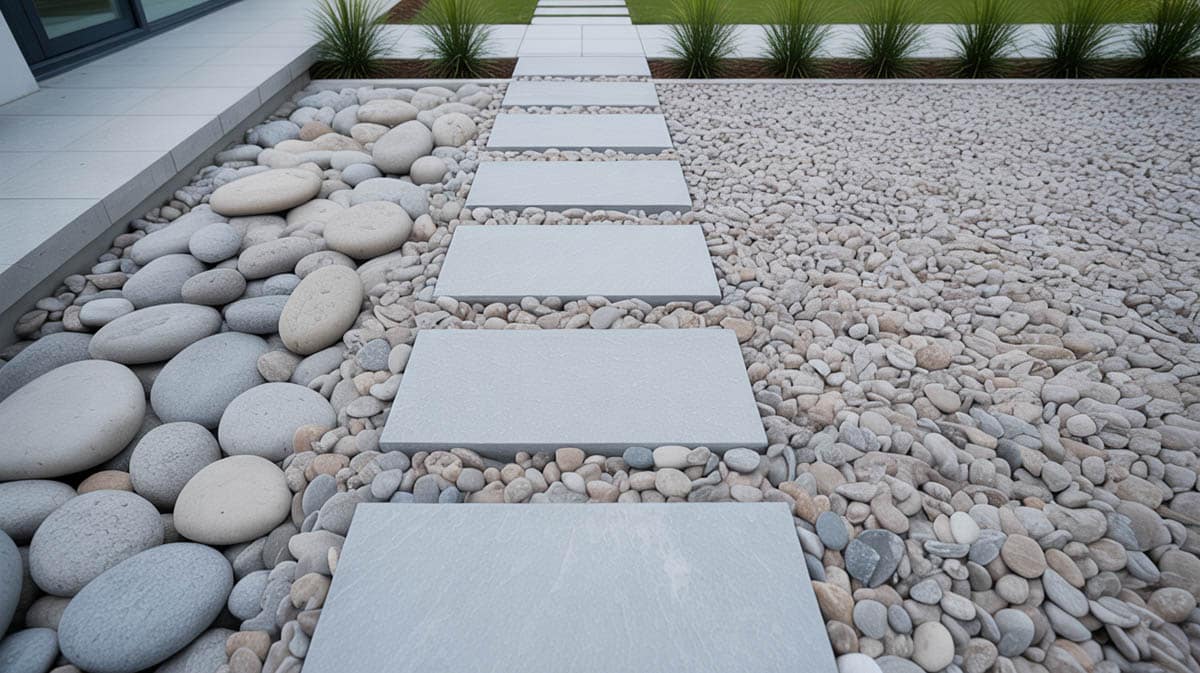 Modern backyard walkway with rectangular concrete pavers set in pea pebbles and river stones