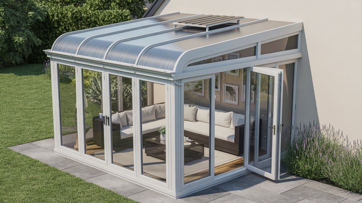 Modular white aluminum sunroom kit with curved polycarbonate roof panels and sectional sofa visible inside