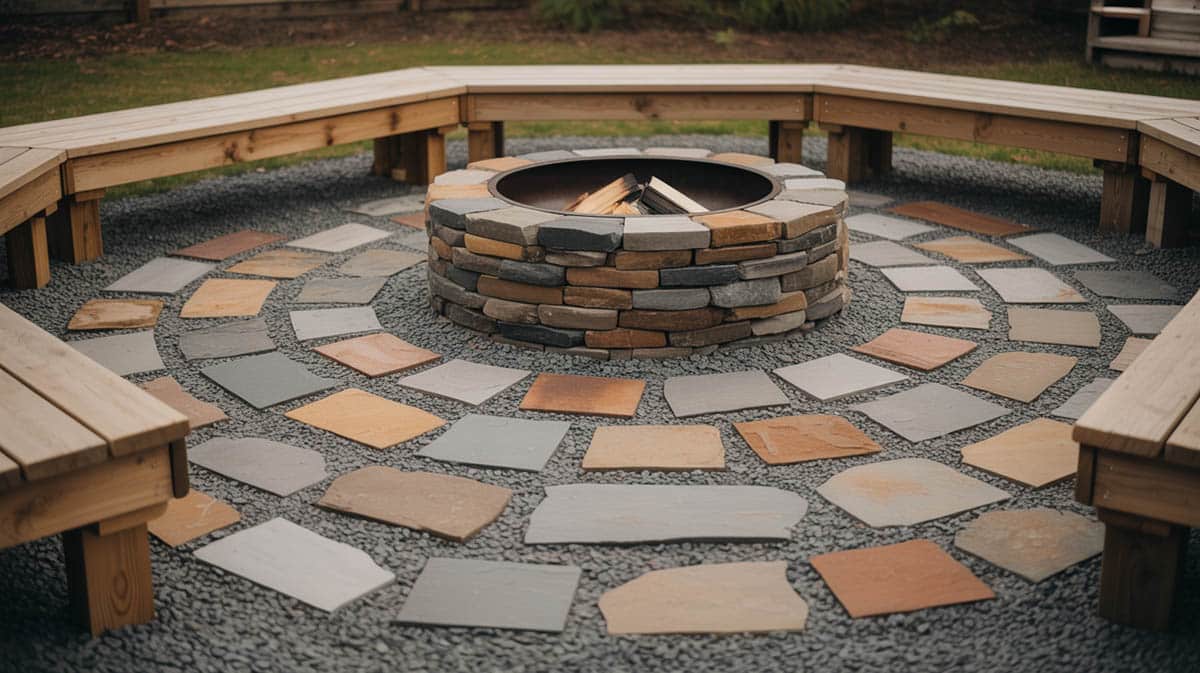 Natural stone pavers in mixed tones set into pea gravel around a stone fire pit