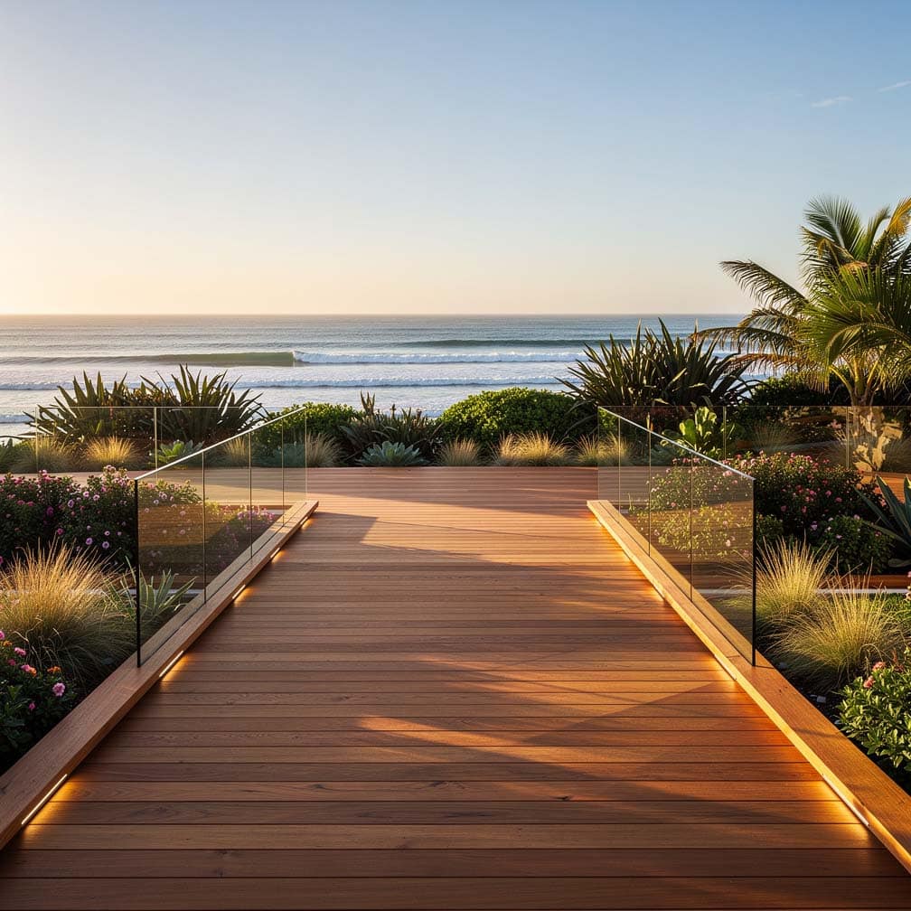 Oceanfront Wood Deck In Florida With Tropical Palm Trees