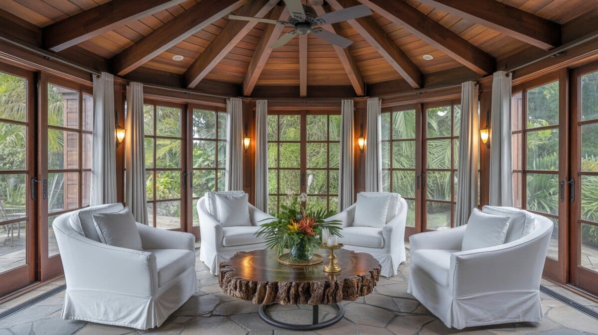 Eight-sided room with dark wood beam ceiling, four white slipcovered chairs, and a live-edge table