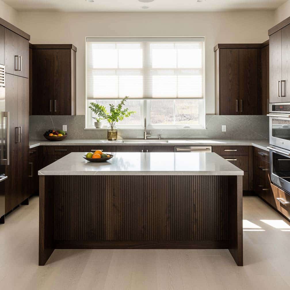 Dark oak panels blend seamlessly with the rest of the dark oak cabinets in this open-concept