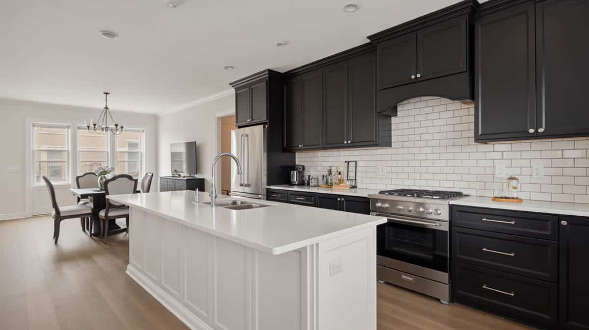 Open-concept kitchen featuring black cabinets, white island and subway tile backsplash