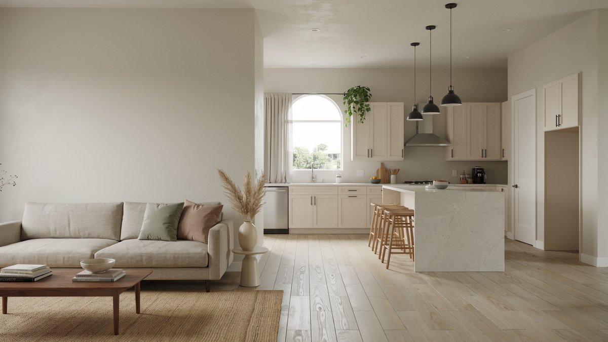 Neutral greige open concept living room and kitchen with white cabinets and marble island