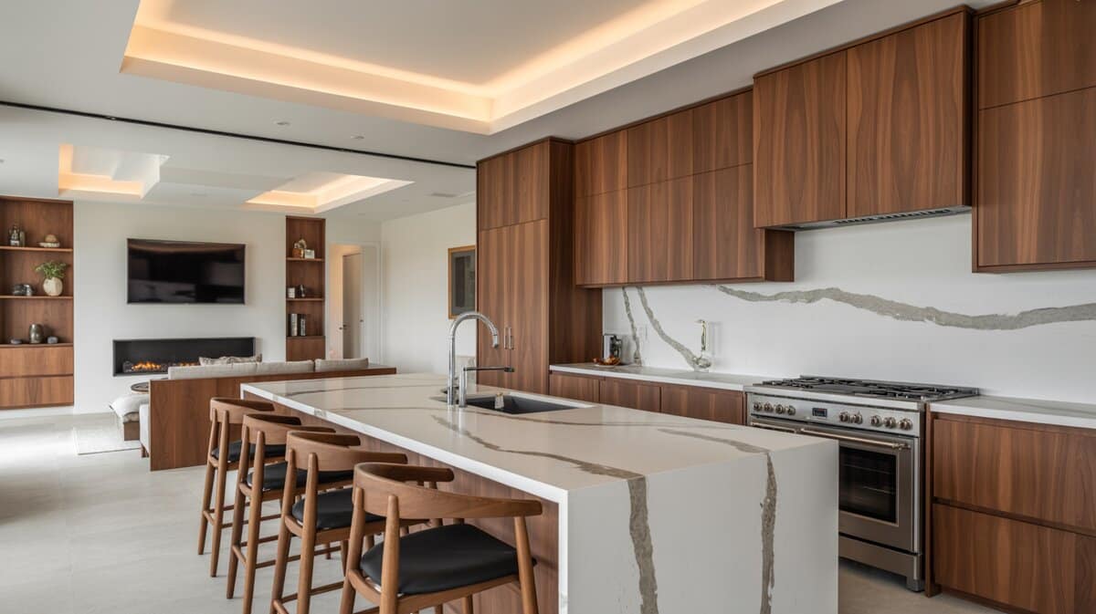 Open-plan walnut kitchen with calcatta marble waterfall island and fireplace living room view