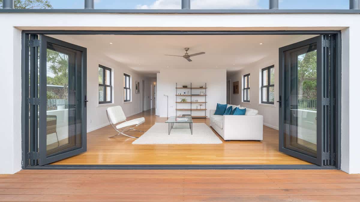 This house features all white walls and black metal framed