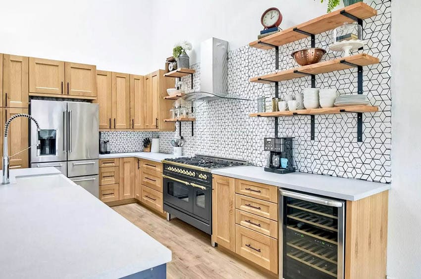 Organized kitchen with wood shelving and metal brackets