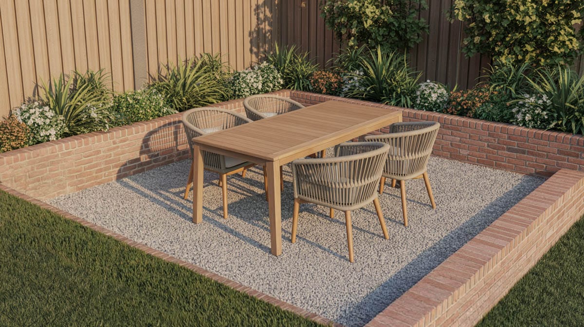 Outdoor dining patio with brick border edging and light gray pea gravel fill