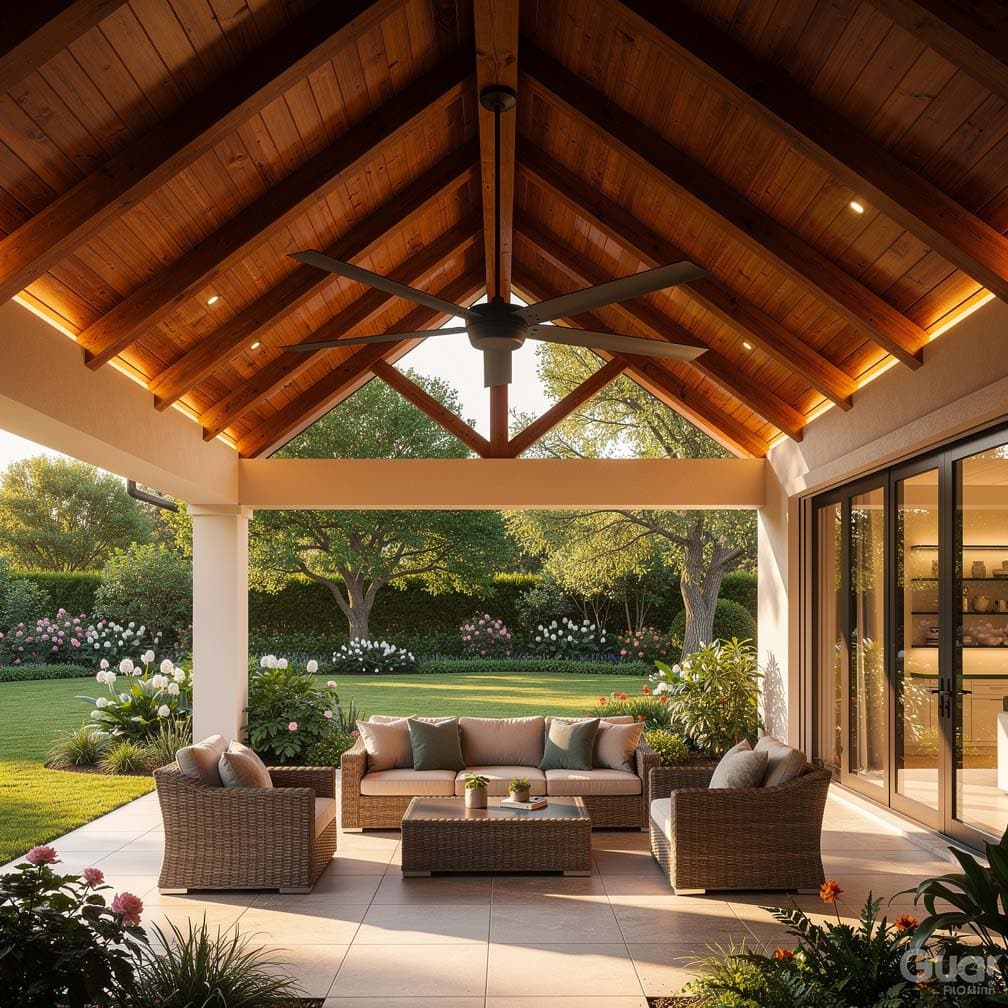 inviting outdoor patio with high cathedral ceilings provides a great place for relaxing and entertaining.