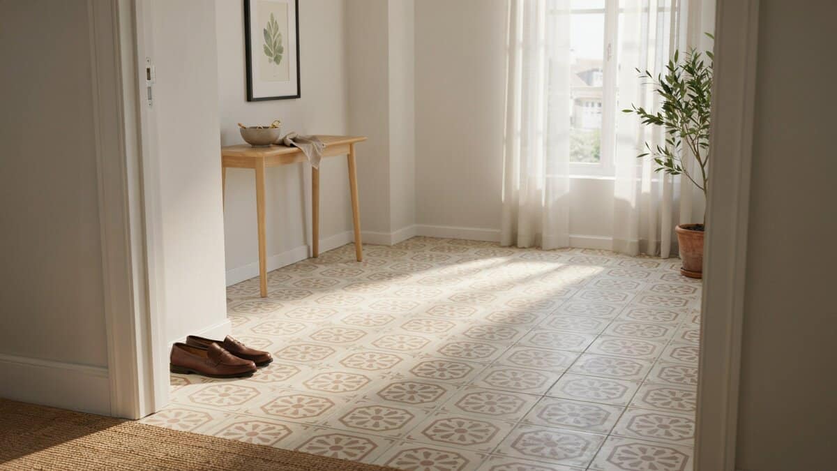 Bright entryway with patterned porcelain floor tiles in geometric designs