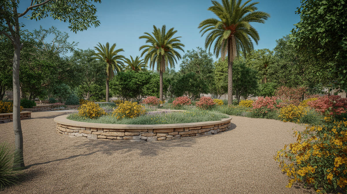 Naturalistic pea gravel backyard with a curved stone retaining wall and tall palm trees