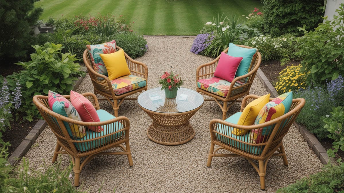 Bright pea gravel courtyard with colorful rattan chairs and a glass-top table