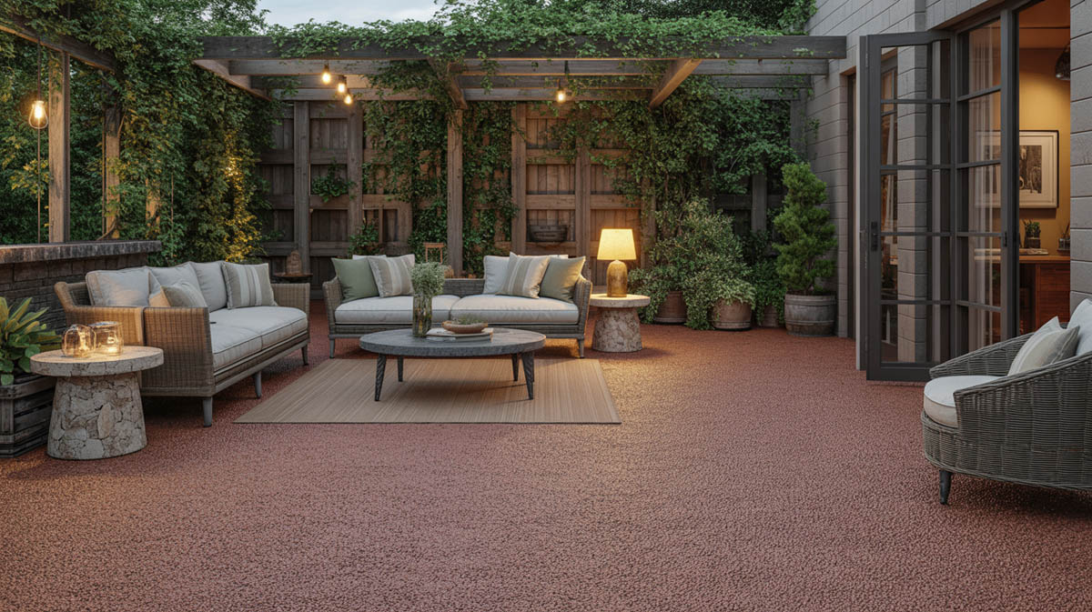 Pea gravel epoxy patio styled as a rustic outdoor living room with a woven area rug