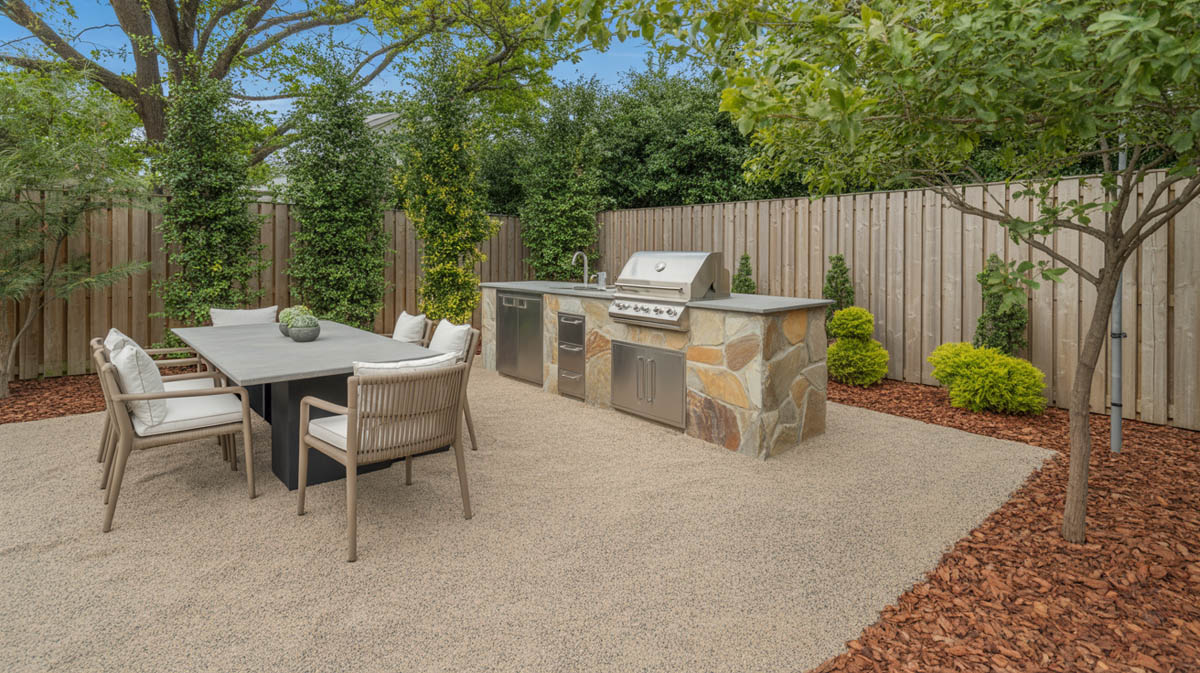 Pea gravel epoxy patio with a built-in sandstone outdoor grilling and kitchen station