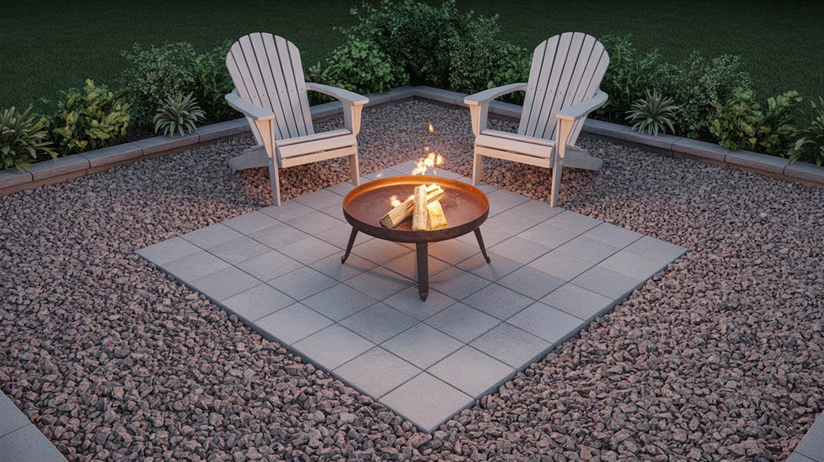 Pea gravel paving stone sitting area with a round metal fire pit and Adirondack chairs