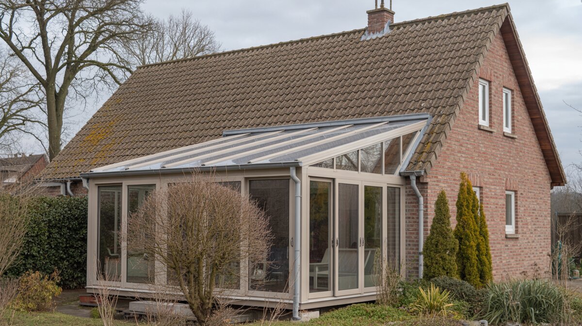 Exterior view of a lean-to glass sunroom with beige aluminum frame attached to a red brick house