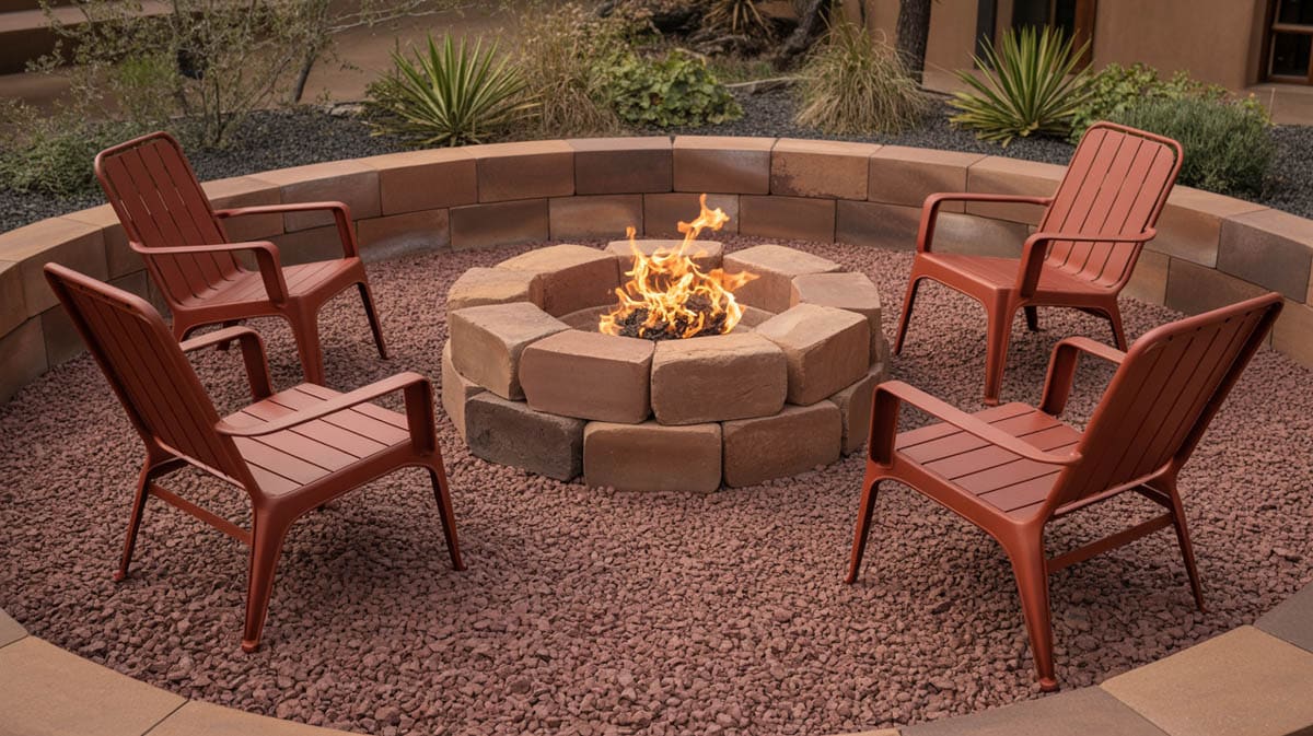 Backyard patio with rust-red pea gravel an adobe brick fire pit wall and red powder-coated chairs