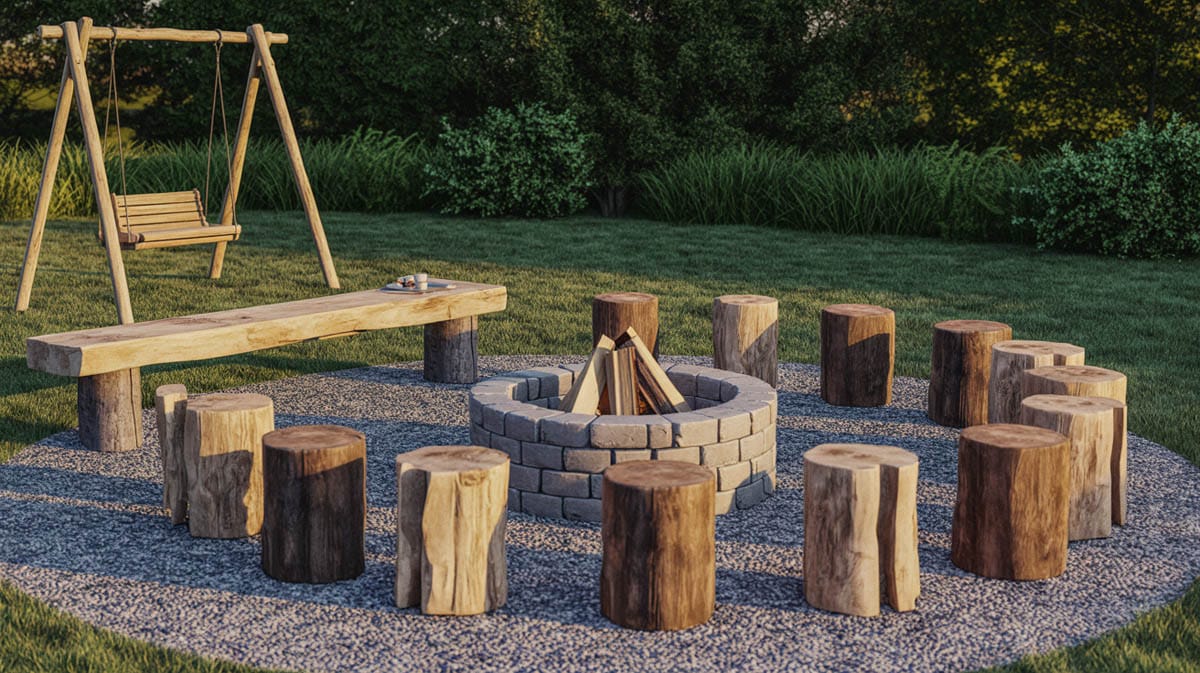 Rustic crushed stone fire pit patio with natural log round seating and a wooden swing set