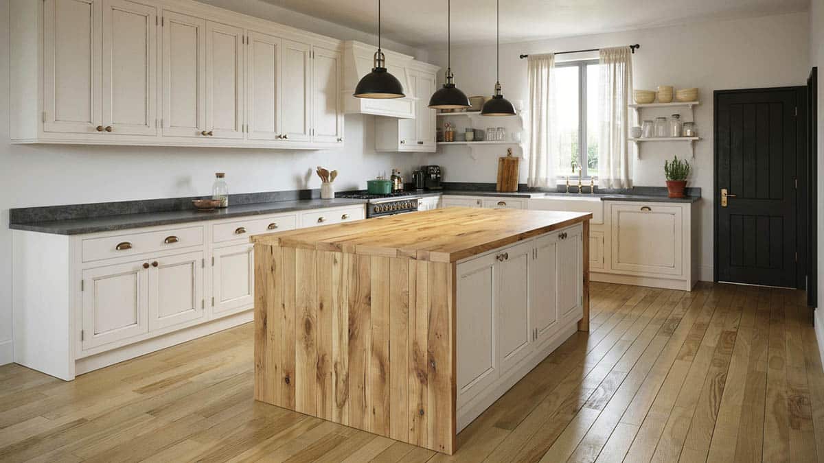 rustic farmhouse kitchen with reclaimed wood waterfall side island and black pendants