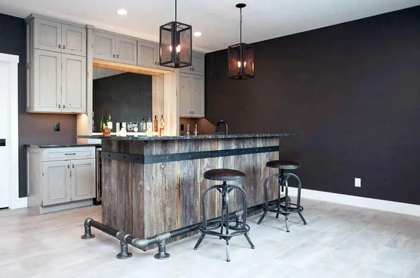 Rustic kitchen home bar with mirror and wood island