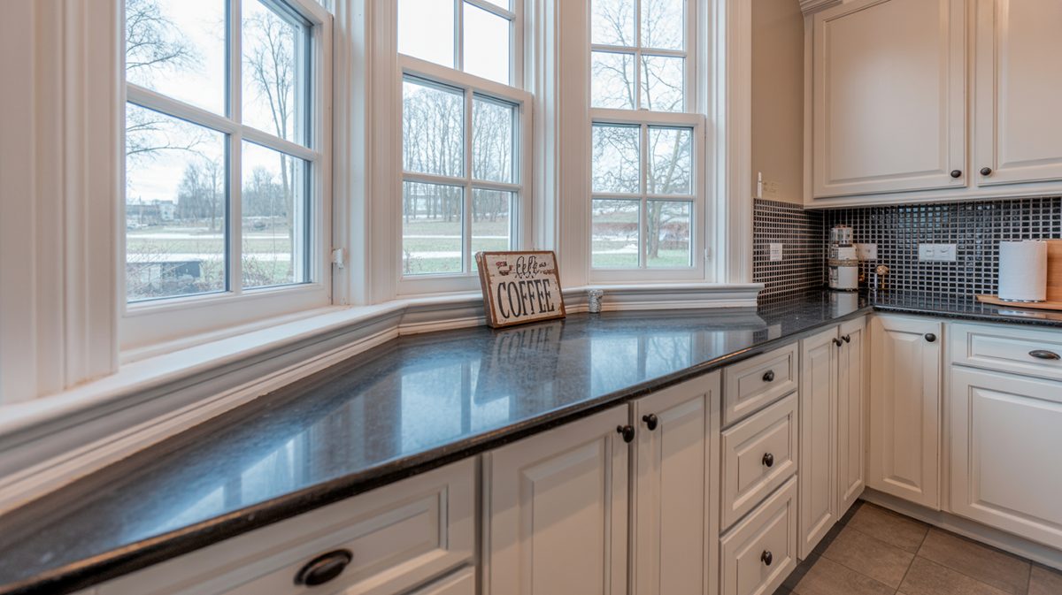 White raised-panel kitchen with a polished black granite bay window sill and large grid-pane windows overlooking snowy fields
