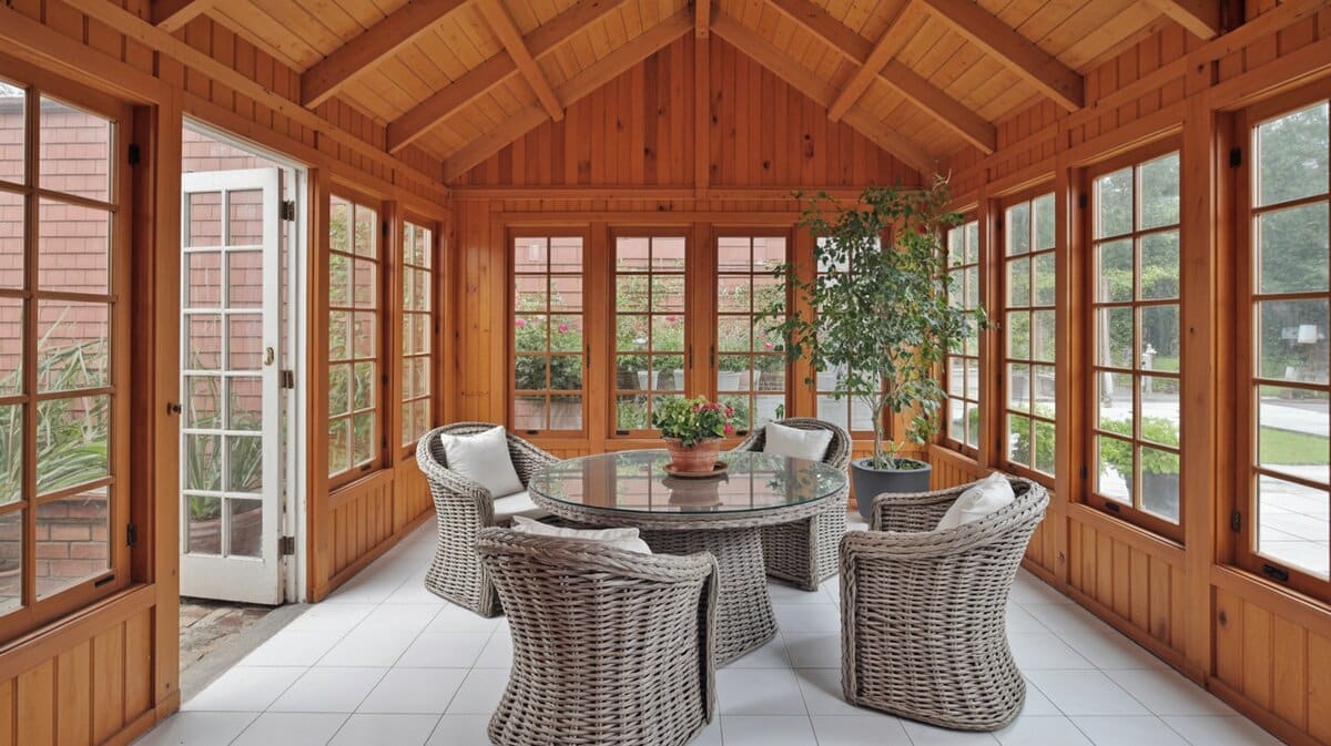 Warm pine-clad sunroom with grey wicker barrel chairs on white tile flooring