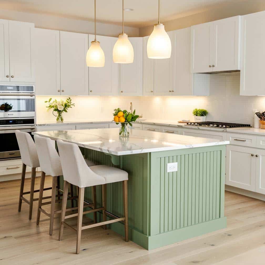 Light sage green on the islands body gives it a fresh and unique feel, making it a subtle
