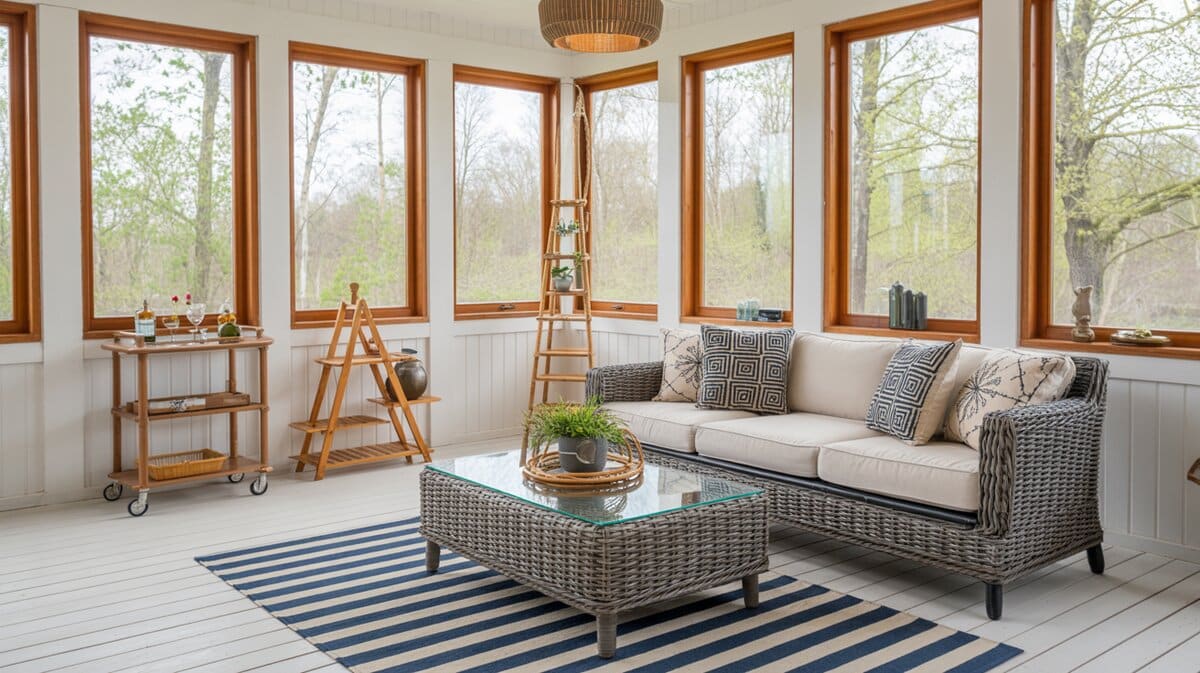 White-painted sunroom with grey wicker sofa, bamboo shelving ladder, and navy striped rug
