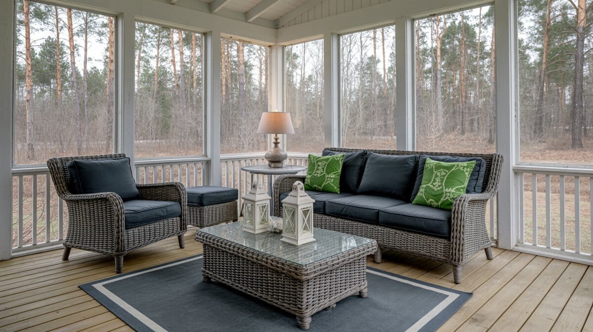 Screened porch with dark wicker sofa, navy cushions, green accent pillows, and bare pine forest beyond the screens