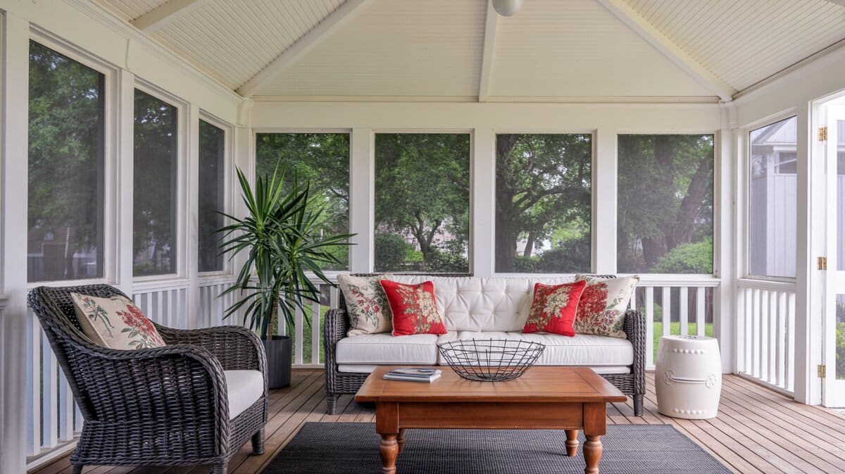 Screened porch with white tufted sofa, red floral pillows, wicker chair, and leafy green tree views