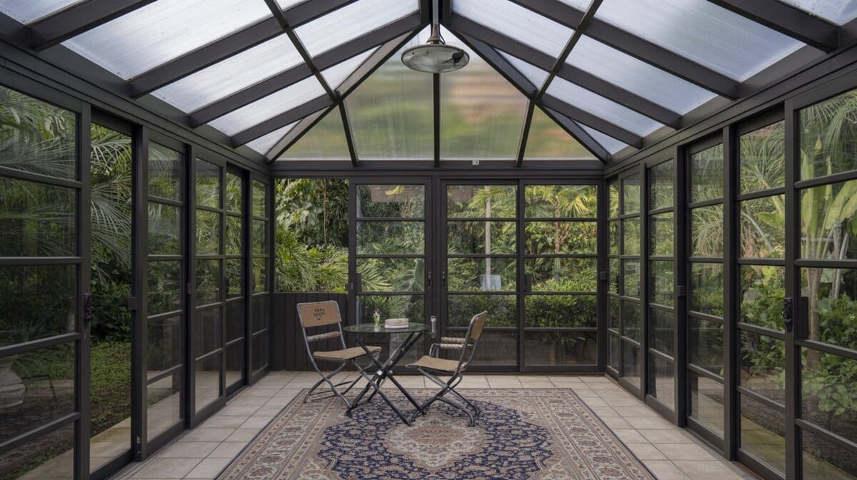 Dark bronze framed glass structure with bistro table and chairs surrounded by tropical foliage