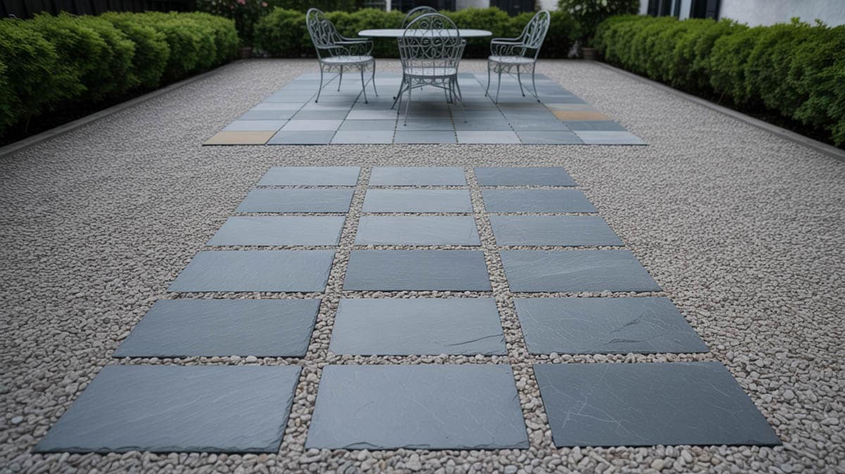 Slate and gravel patio with rectangular gray slate tiles in a mosaic pattern