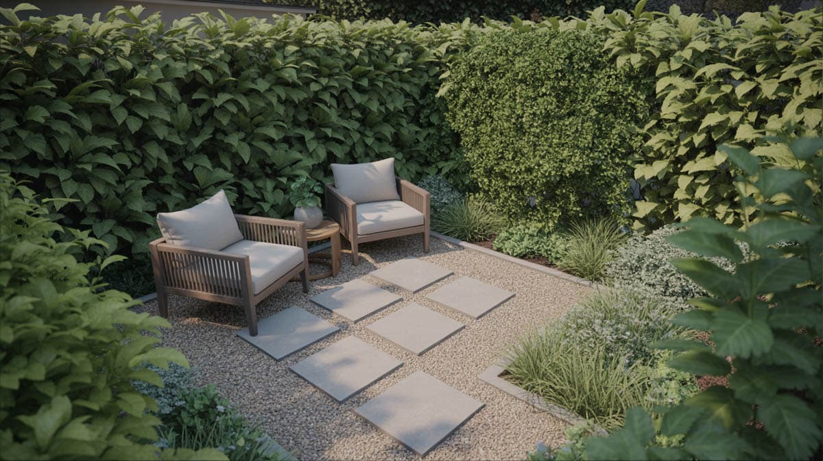Small secluded backyard garden nook with square concrete pavers set in light pea gravel