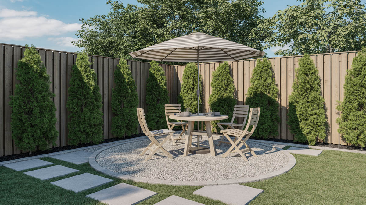 Small circular crushed aggregate patio with a round wood table set and striped umbrella