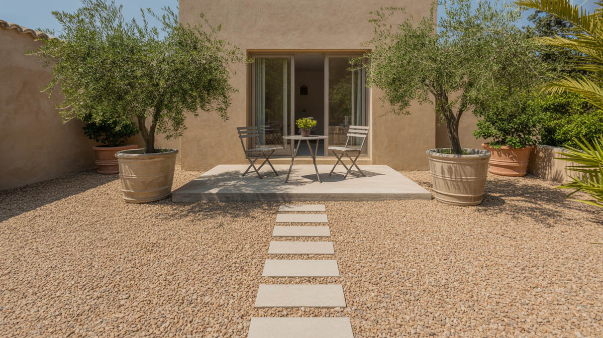 Small concrete patio with warm pea gravel landscape and a limestone paver walkway