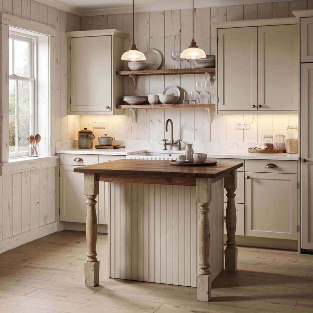 This small farmhouse kitchen design has an island with turned column details, and wood panels make