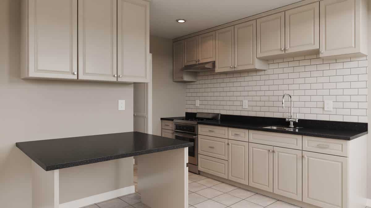 Small kitchen with white cabinets, black granite countertop and subway tile backsplash