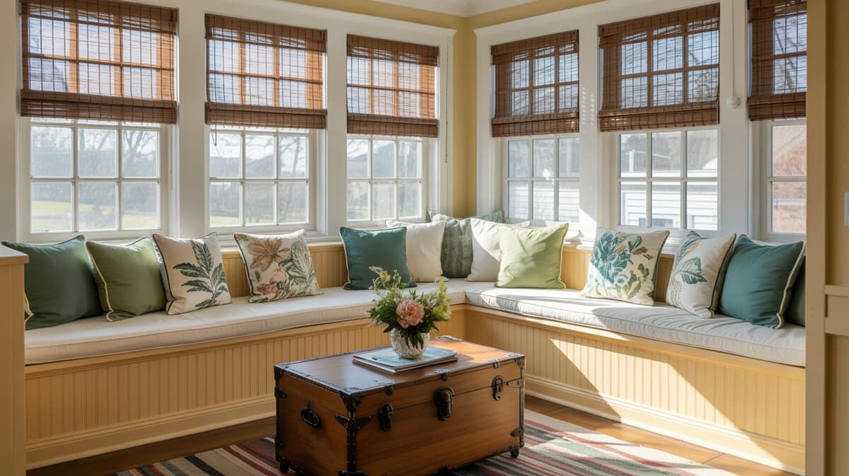 L-shaped window bench with green and floral pillows and a vintage trunk coffee table