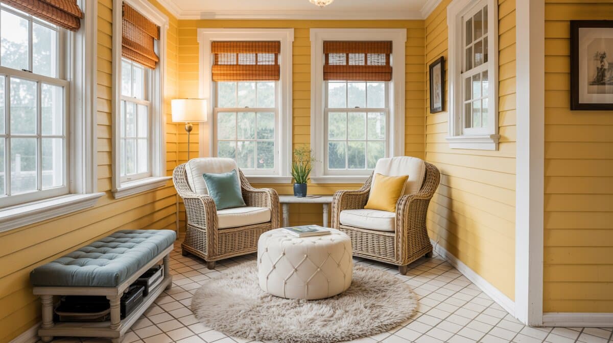 Cheerful sunroom with yellow shiplap walls, two wicker armchairs, tufted ottoman, and bamboo window shades