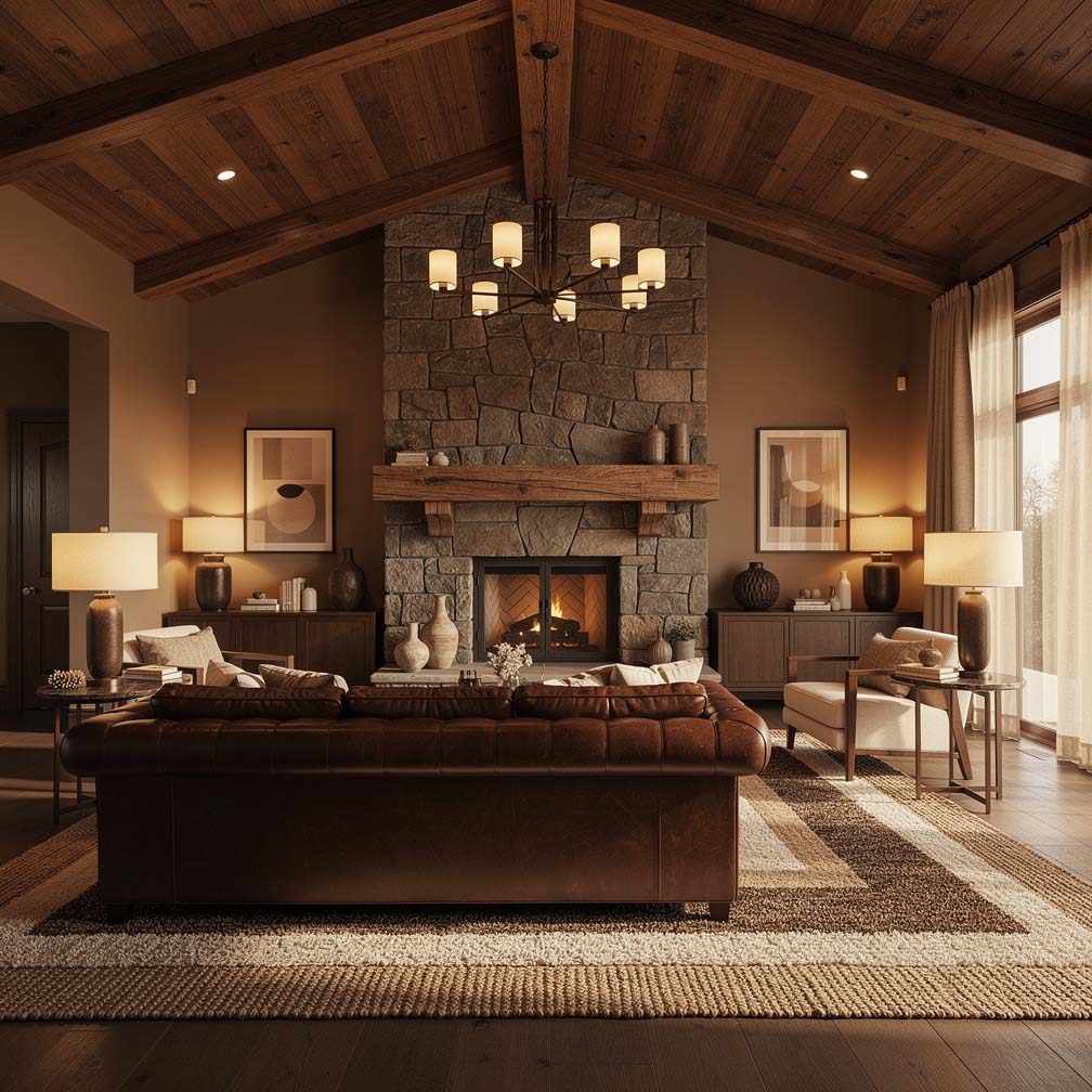 sophisticated brown-themed living room design offers a warm color theme with earth tones, a stone fireplace, and natural