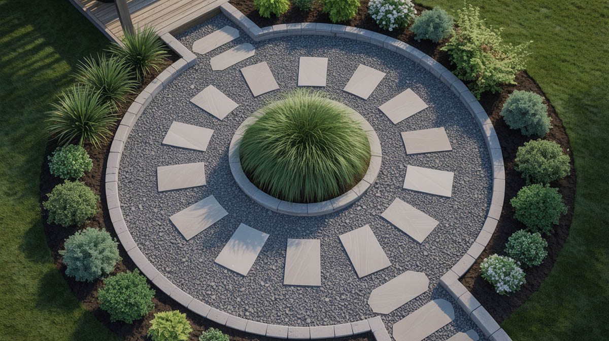 Overhead view of a backyard patio with stepping stones in a spiral pattern set in pea gravel