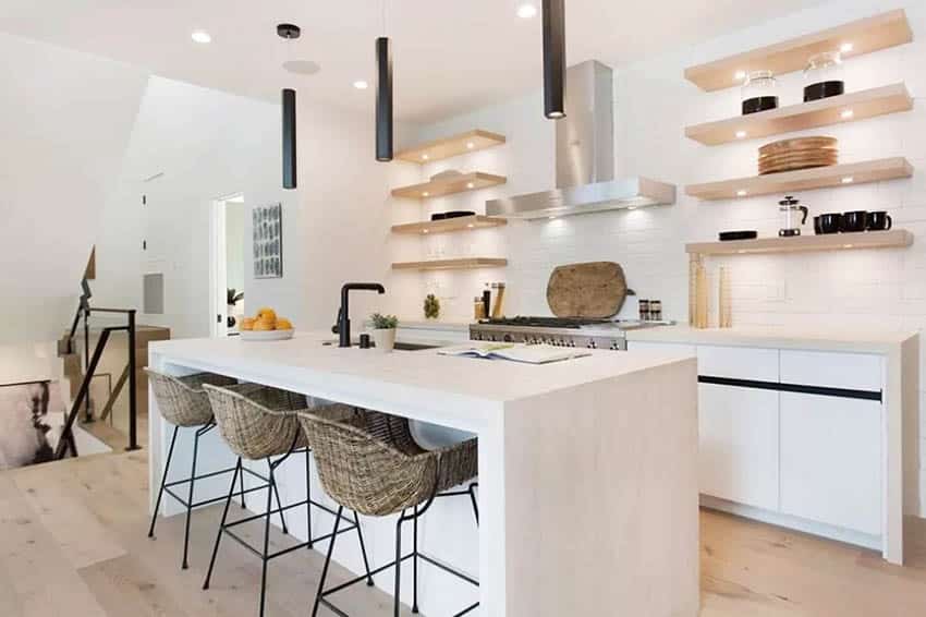 Staged kitchen design with open shelving white cabinets
