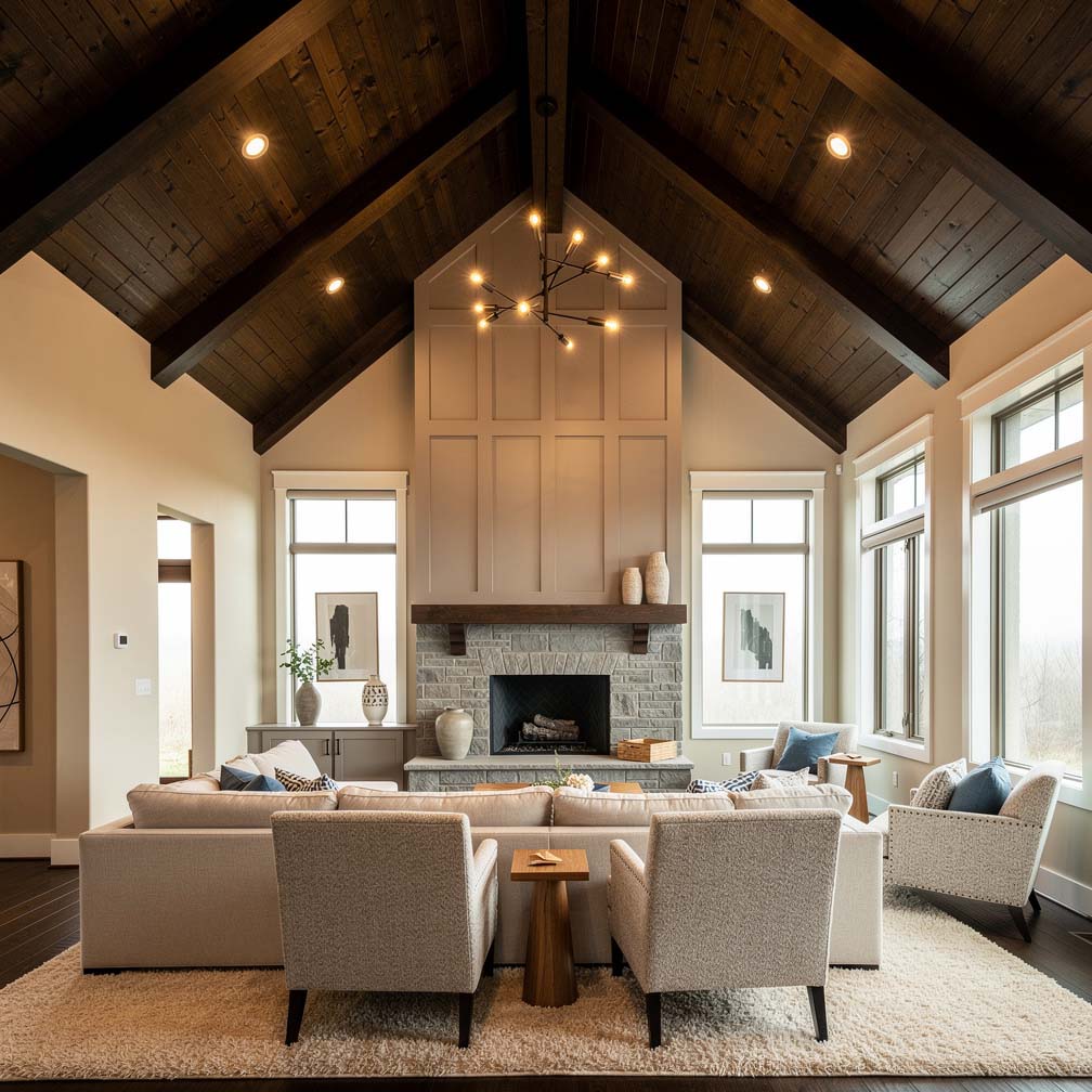 steep living room with a wood beam cathedral design has dark beams that give an interesting contrast to the light beige