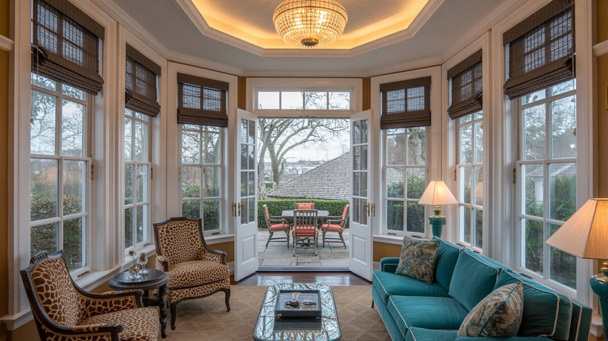 Glowing crystal chandelier over a teal sofa with French doors opening to a stone patio