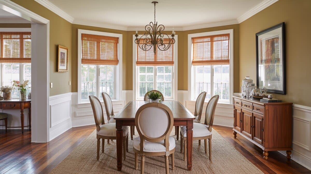 French dining chairs around a wood table beneath a wrought iron chandelier and bamboo shades