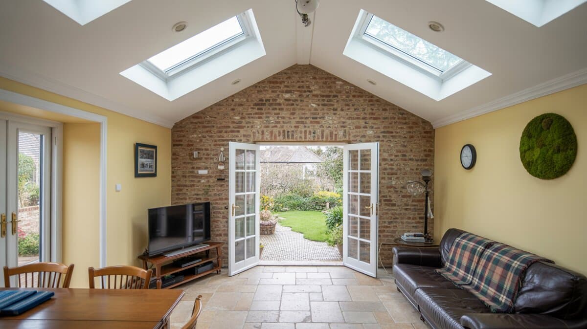 Home extension with twin roof skylights, exposed brick gable wall, open French doors to a spring garden