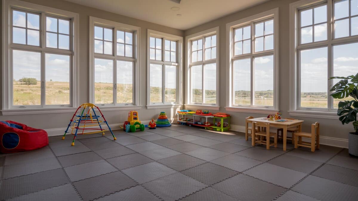 Bright playroom with foam mat tiles, colorful toys, and panoramic rolling meadow windows