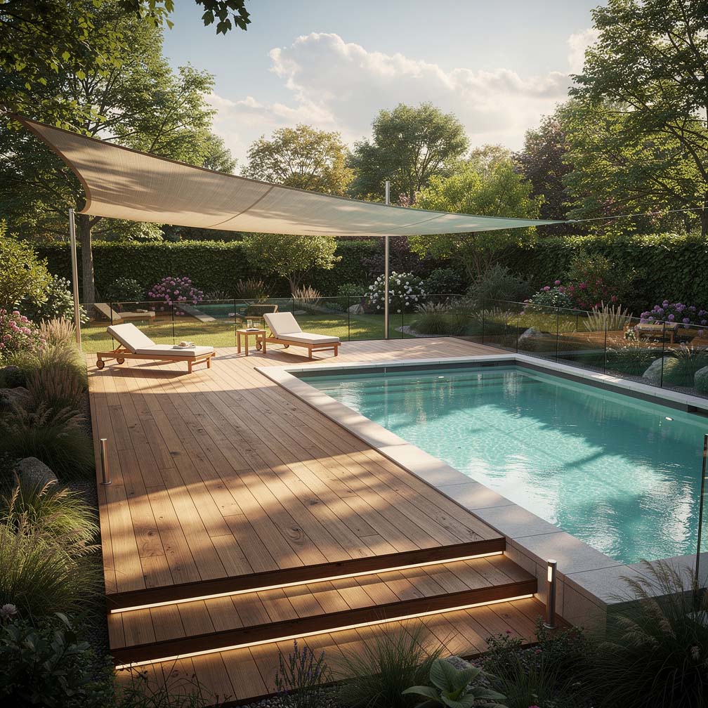 Swimming Pool Deck With Outdoor Furniture And Canopy